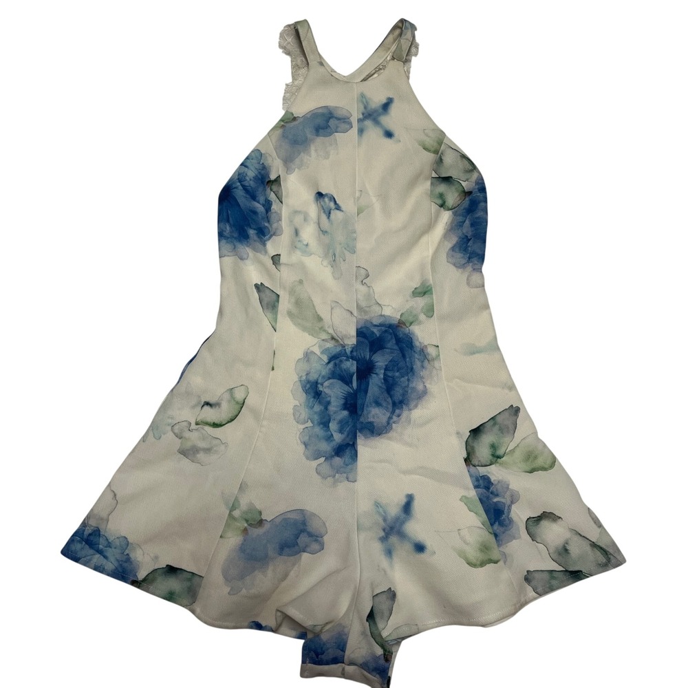 NBD White Blue Floral Watercolor‎ Halter Lace Open Back Romper XS